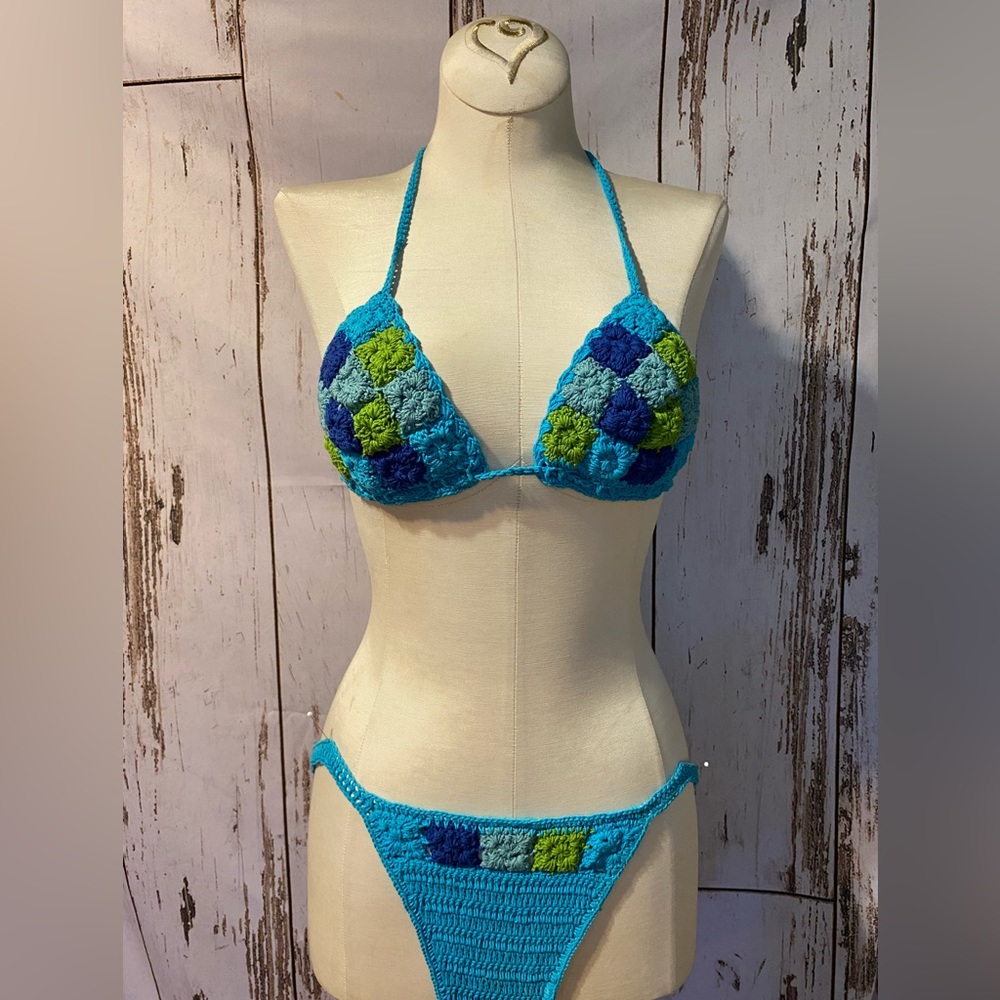 Blue & Green Crochet Bikini. Handmade in Bali. 100% Cotton